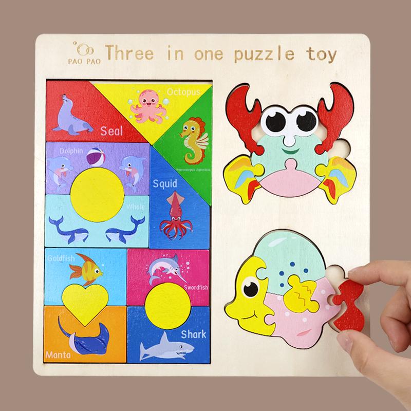 3 In 1 Wooden Tangram Jigsaw Puzzle Toy Educational Creative Geometric Shape Color Cognition Wood Building Blocks Gifts for Kids