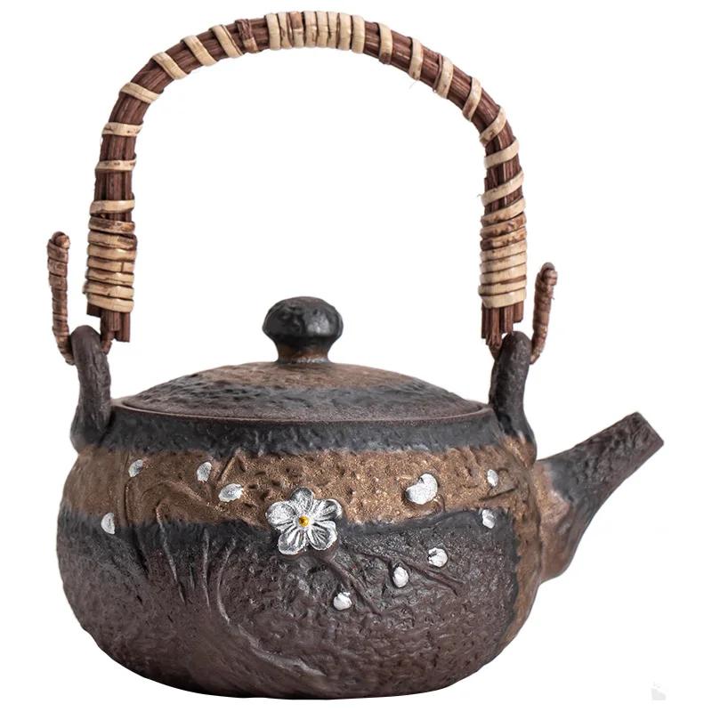 Japanese Style Loop-Handled Teapot Handmade Gilding Iron Glazed Pottery Porcelain Teapot Small Size Tea Making Device Tea Kettle