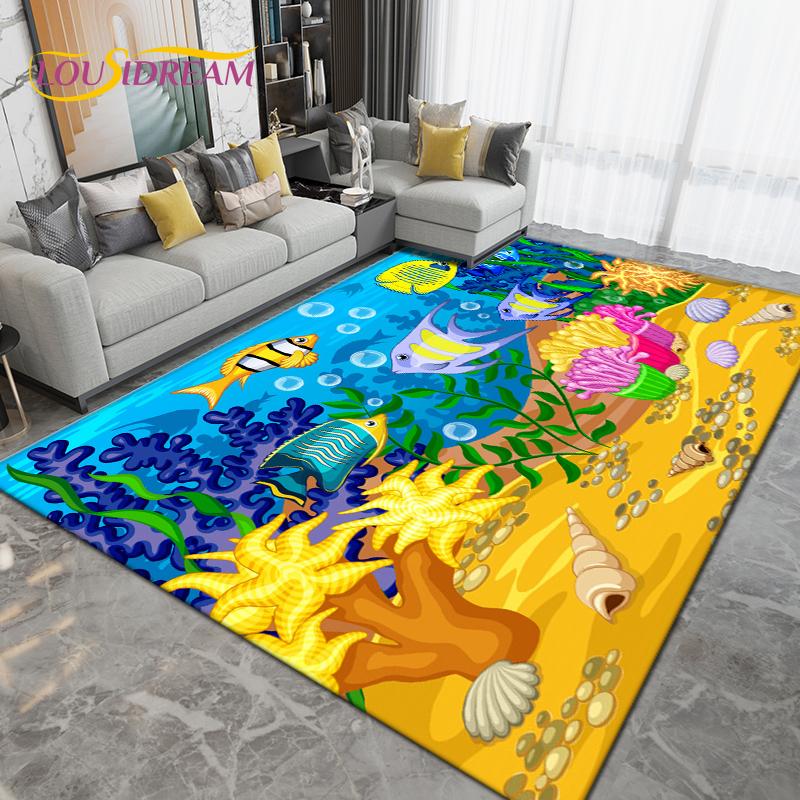 Ocean Underwater World Fish Dolphin Octopus Area Rug,Carpet Rug for Living Room Bedroom Sofa,Kitchen Bathroom Non-slip Floor Mat