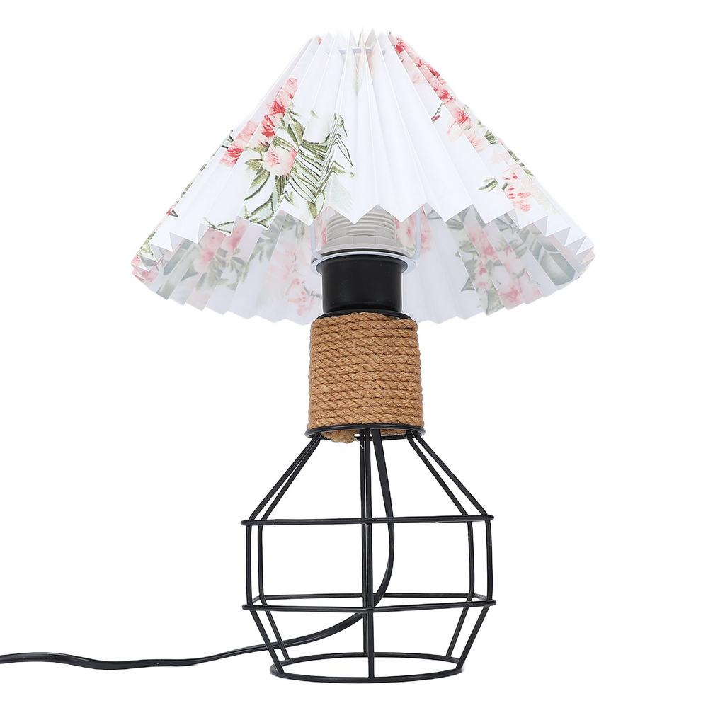 Pleated Lampshade Table Lamp Vintage Jute Rope Iron Geometric Bedside Lamp for Bedroom Living Room Office