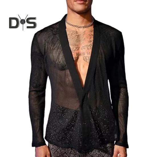 Herren Club Shirt Ultradünnes durchsichtiges Mesh V-Ausschnitt Button-Down Langarm Muskelshirt Männer Top Party Performance Top