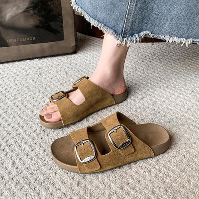 Foreign Trade Big Summer New Versatile Flat Bottom One Word with Square Buckle Thick-soled Beach Sandals Large Size Cool Slippers