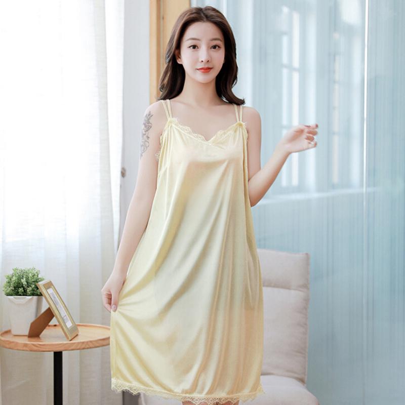 Simulated Silk Nightdress Sexy Fun Pajamas Lace Slim Skirt Solid Color Home Wear