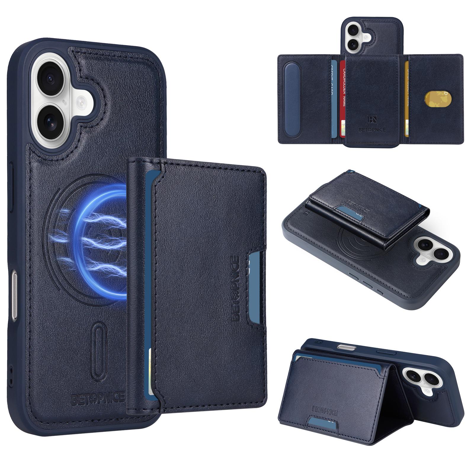 

For iPhone 16 Magnetic Case BETOPNICE Leather Phone Cover Kickstand with Detachable Card Bag Blue