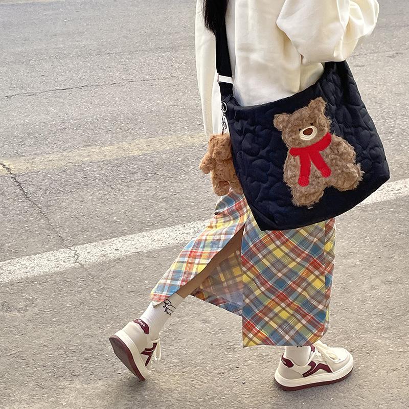 Cute Cartoon Embroidery Nylon Women's Shoulder Bags Large Capacity Ladies Crossbody Bag Fall Winter Macaron Female Tote Bag