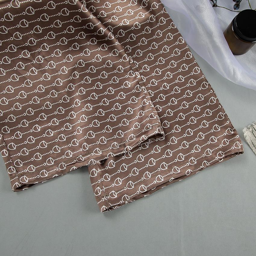 Autumn European Style Satin Print Pajamas Set Women's Loose Homewear Cardigan Robe Long Pants Cool Feel Nightwear For Casual Outing