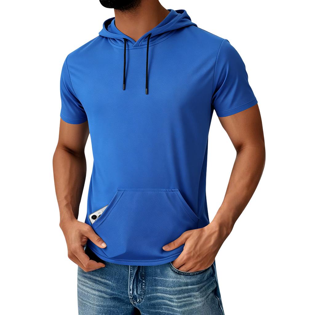 Men's Hooded Pocket Top Men's Casual Sports Quick Drying Short Sleeved Top