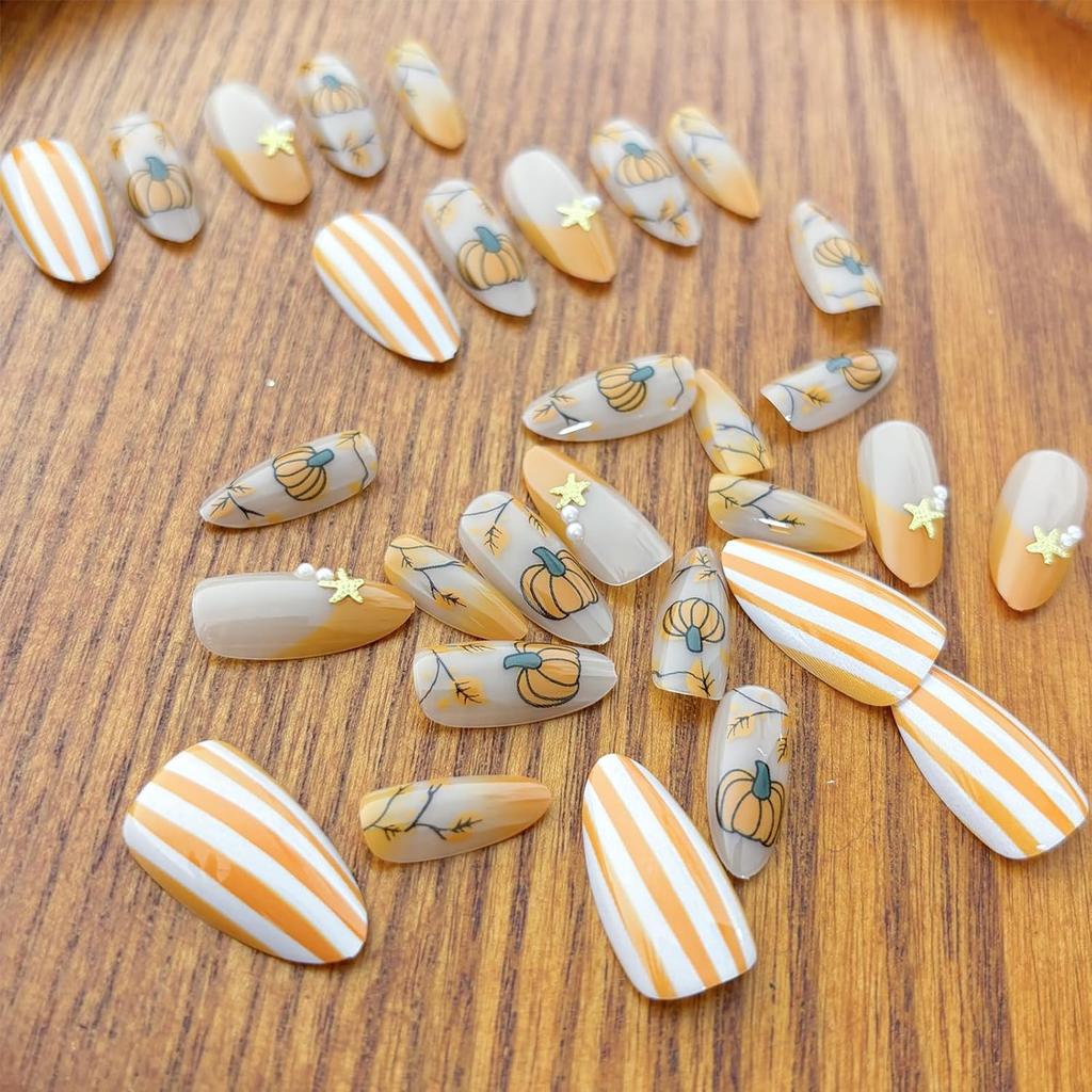 30Pcs Fall Orange Press On Nails Medium Almond Acrylic Fake Nails Polish Painting Autumn Thanksgiving Maple Leaf Pumpkin Glue On Nails Orange French