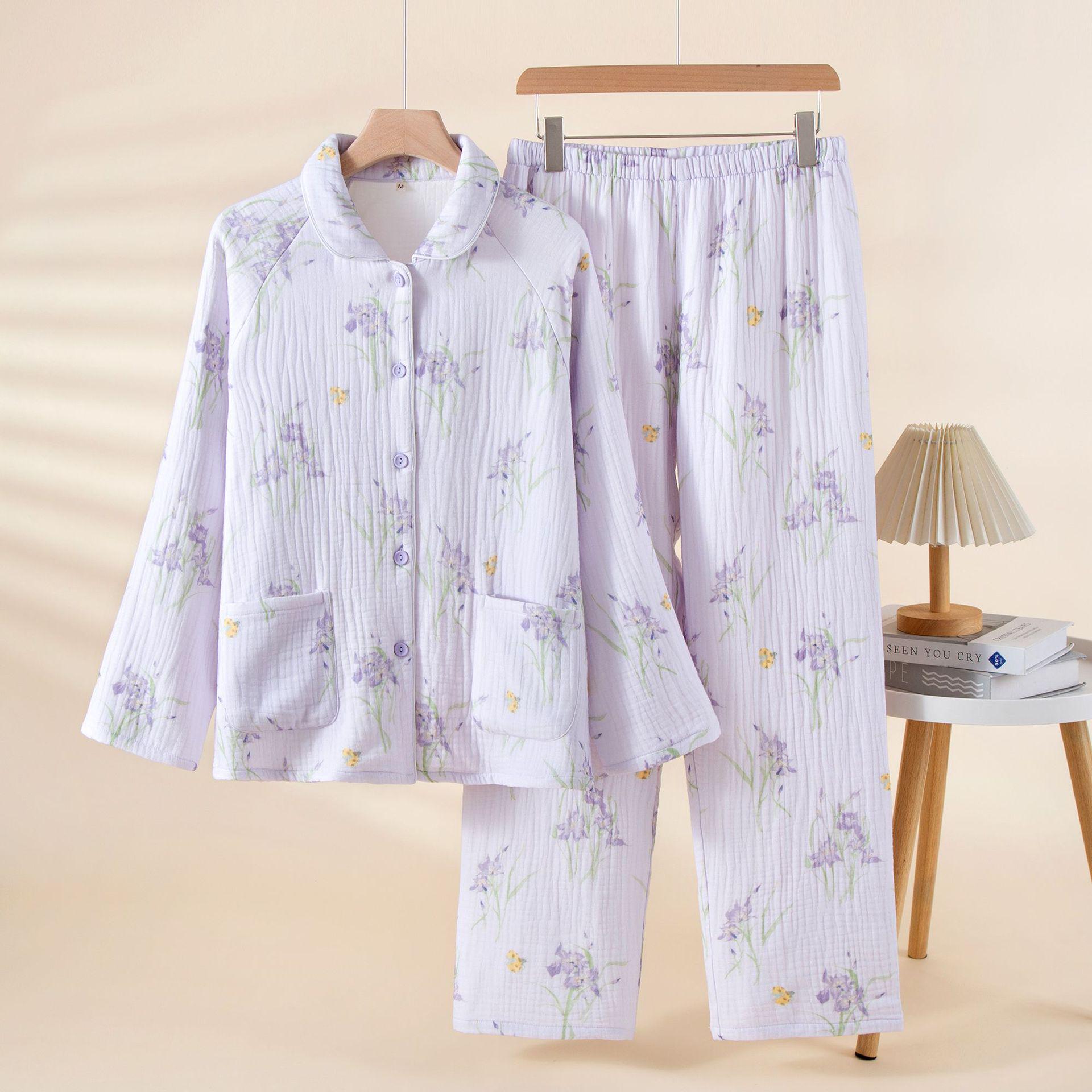 

Женский пижамный комплект из чистого хлопка, четырехслойной жатой марли, с принтом «Ирисы и божьи коровки», подходит для весны, осени и зимы; Носить в помещении или на улице. M