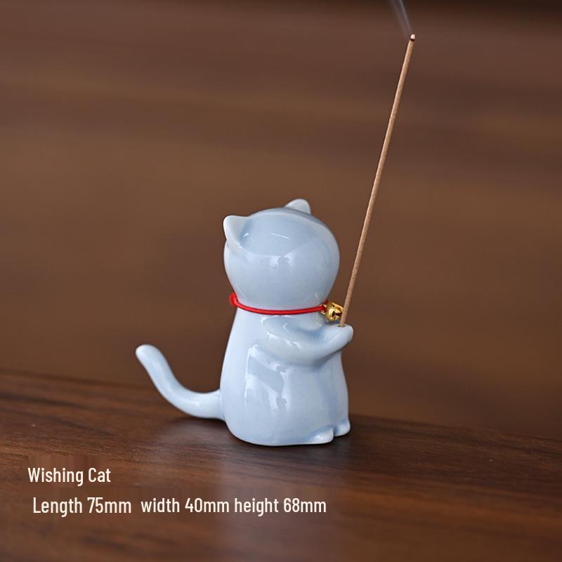 Ceramic Kitten Incense Holder & Pen Rest - Cute Cat Teapot Lid & Table Decor