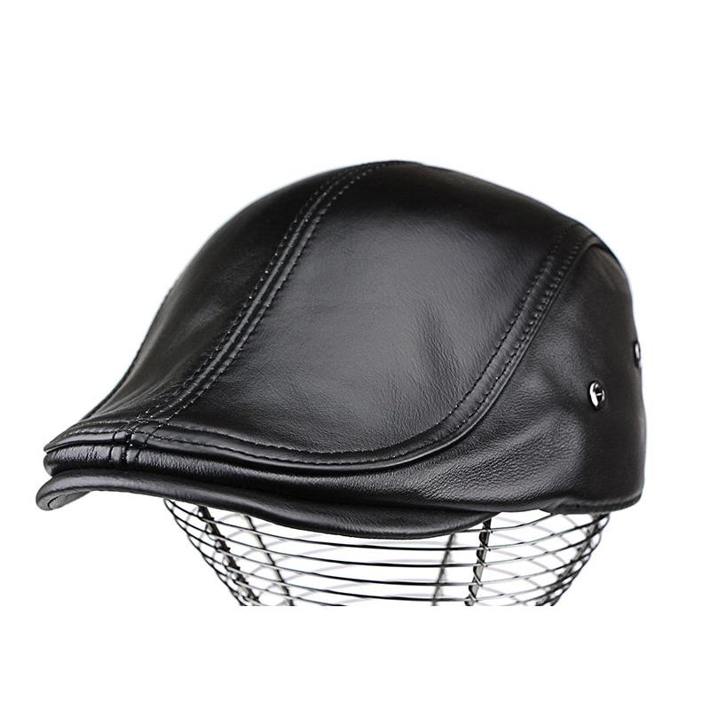 Men's Beret Leather Duck Tongue Cap Thin Section Head Layer Cowhide Beret Forward Hat Short Brim Warm Breathable Adjustable