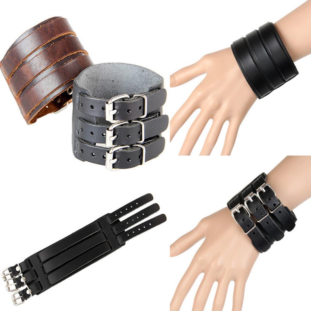 Adjustable Men's Punk Leather Cuff Bracelet Wide Wristband For Streetwear Outfits