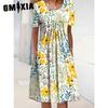 GMXIA 30 Color Pleated Midi Dress Short Sleeve Round Neck Loose Hem Mid-Calf Length Women Floral A-Line Party Dress Casual Wear