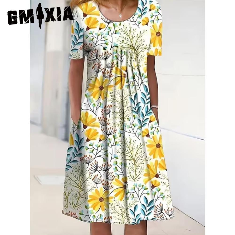 GMXIA 30 Color Pleated Midi Dress Short Sleeve Round Neck Loose Hem Mid-Calf Length Women Floral A-Line Party Dress Casual Wear