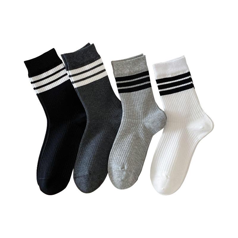 Chaussettes mi-mollet sans bordure à trois rayures pour femmes, Tendance et polyvalente, Chaussettes bouclettes style étudiant, Coton pour l'automne et l'hiver