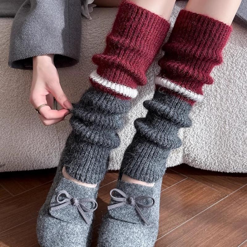 2pairs American Retro Cashmere Color Blocking Long Sock Winter Warm Knitted Leg Warmers for Women Lolita JK Boot Cover Stockings