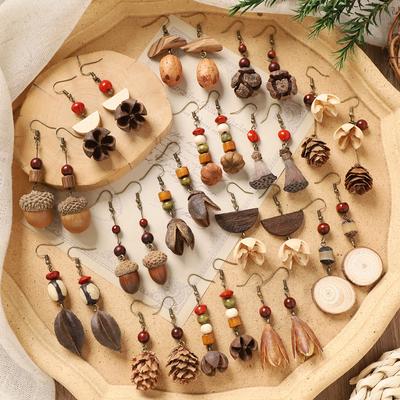 Originale Mori-Ohrringe mit Pflanzenfrüchten, natürliche Eicheln, handgefertigter langer Retro-Stil für Frauen, ethnischer Stil, literarische und traditionelle chinesische Medizin-Ohrringe