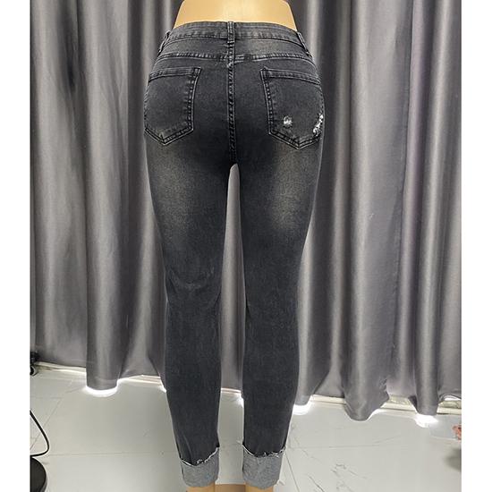 Europejskie i Amerykańskie Damskie Dżinsy z Wysokim Stanem Długie Modne Wszechstronne Spodnie z Prostą Nogawką Podarte Dżinsy Damskie Spodnie Slim Fit