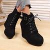 Autumn New Large Size Round Head Wedge Heel Velvet Warm Lace-up Short Boots European and American Thick-soled Boots