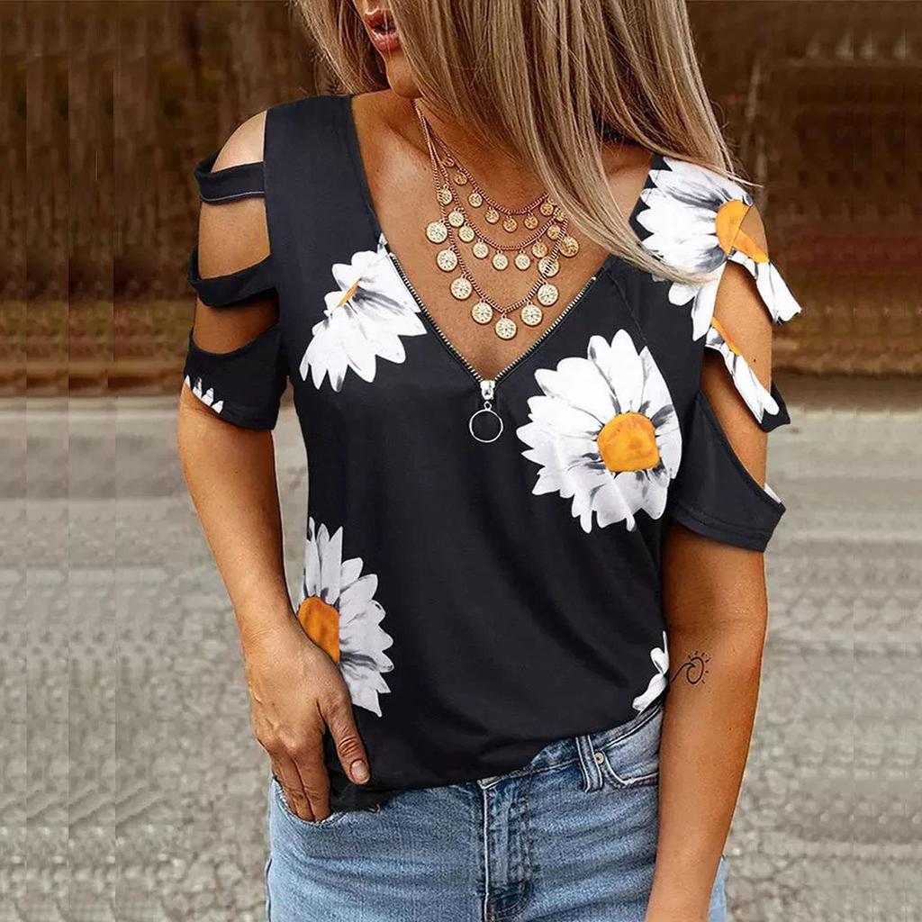 Modisches, lockeres, bedrucktes, schulterfreies, kurzärmliges Oberteil mit V-Ausschnitt und Reißverschluss für Damen