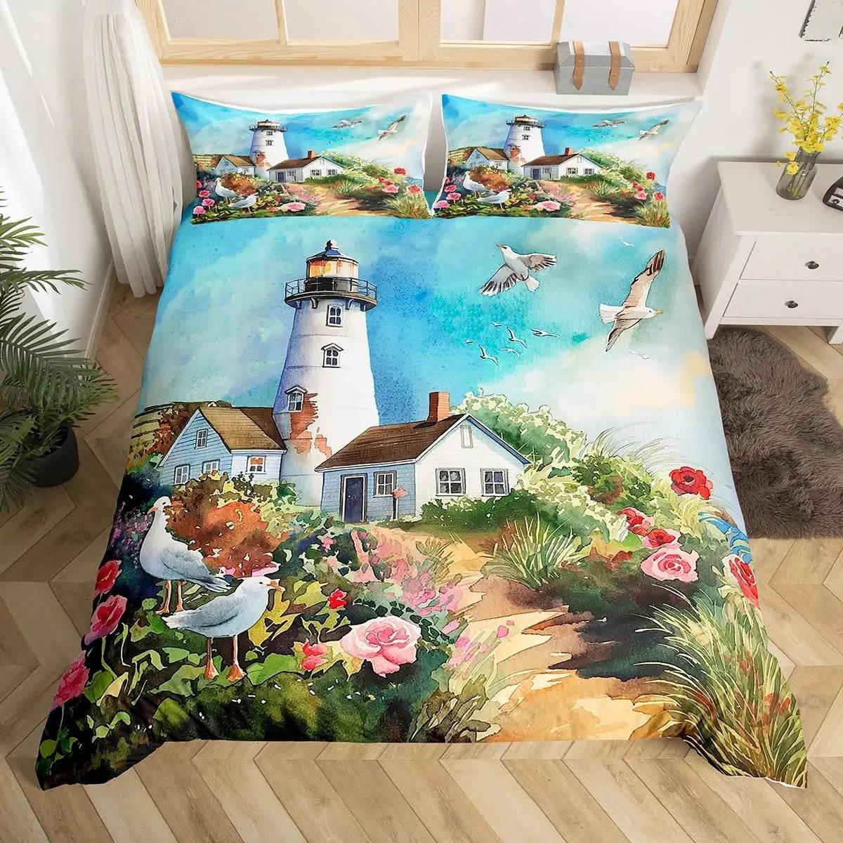 Ocean Scenery Quilt Cover Seaside Town Landscape Bedding Set Flowers Rustic Duvet Cover Coastal Style Island Comforter Cover 200x200cm