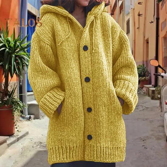 Damen Pullovermantel mit Kapuze, Kordelzug, langen Ärmeln, einreihig, Strickmantel, einfarbig, mittellang, Strick-Oberbekleidung