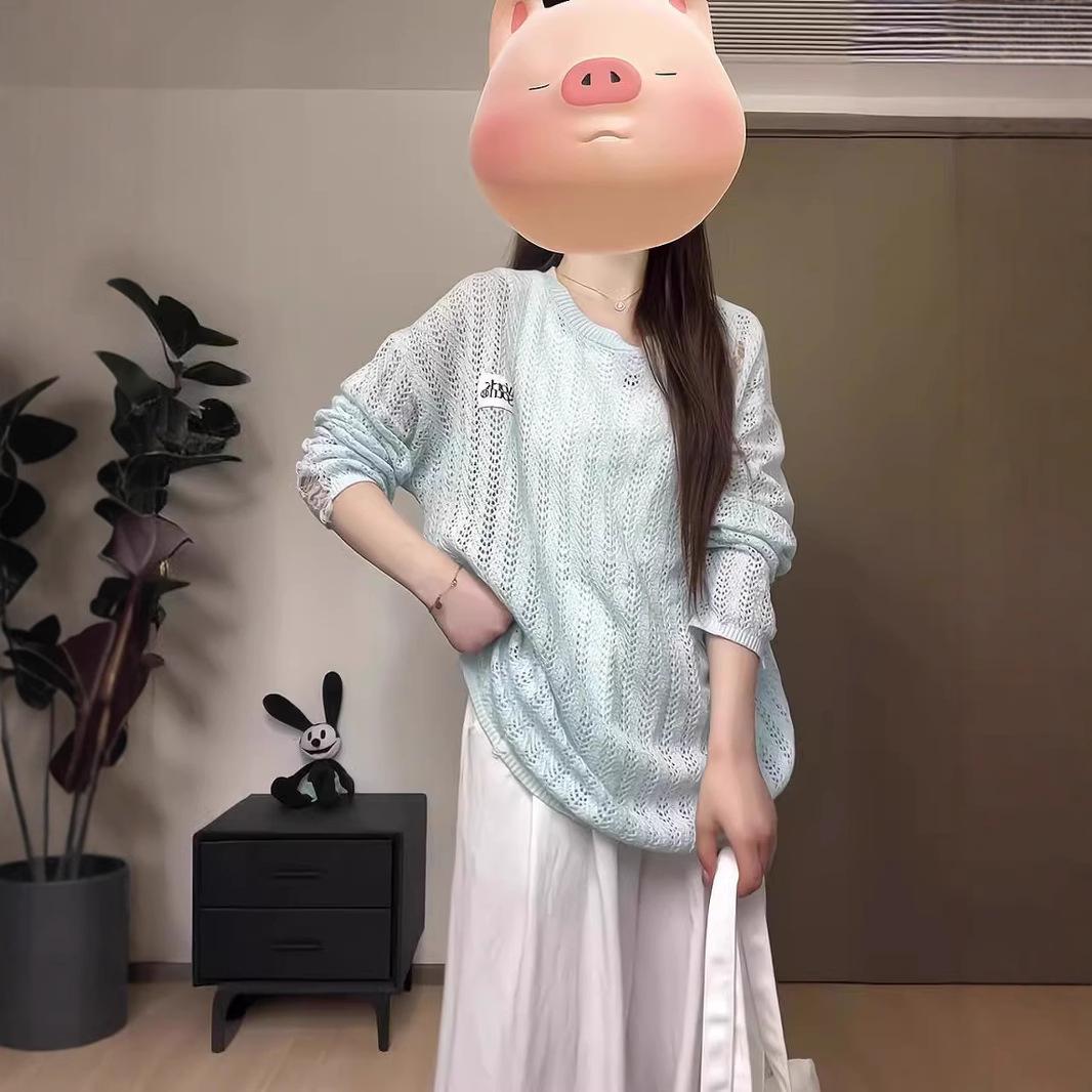 

Casual Round Neck Pullover Knitted Top Chic Summer Hollow Hole Sun Protection Cover S светло-синий