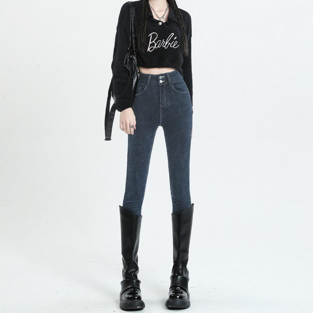 

Casual high-waisted jeans women s new autumn and winter tight-fitting small-footed slim-fitting jeans 32 сине серый