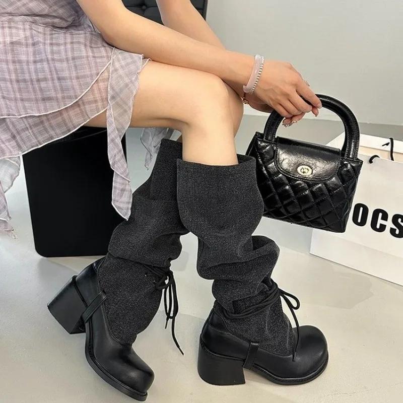 Fashion 2025 Cowhide Version Retro Round Toe Thick Heel Color Blocked Women's Boots New Niche Big Toe Thick Heel Lace Up Midsole Boots