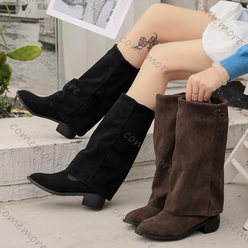 Fashion Comemore Women Fashion Mid-calf Boots Elegant Suede Solid Color Comfortable Shoes for Women Thick Heeled Female Knight Long Boot