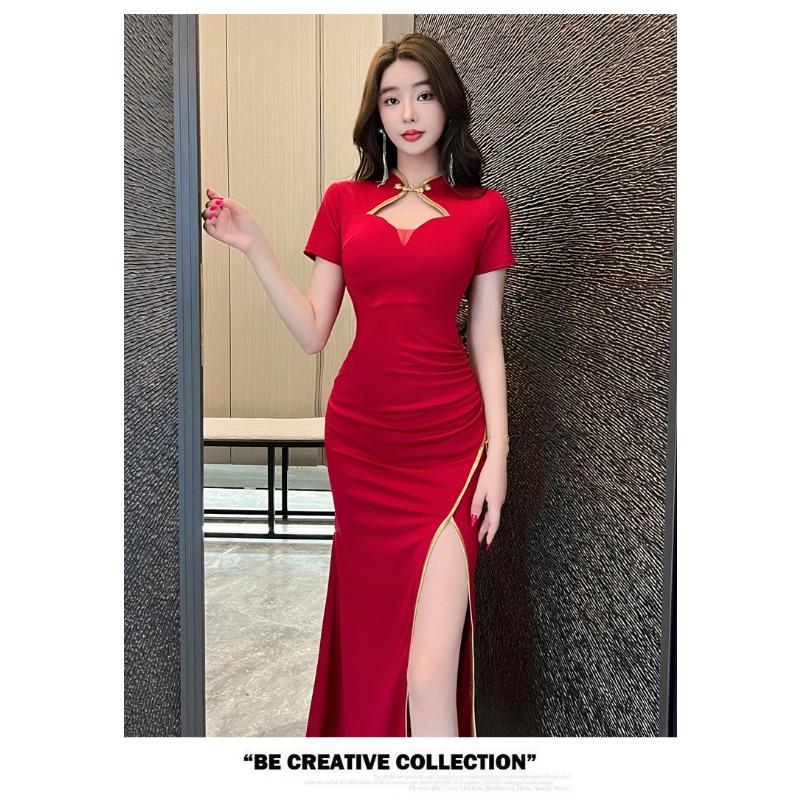 Evening dress dress new temperament retro split cheongsam skirt night work foot bath technician work clothes long dress