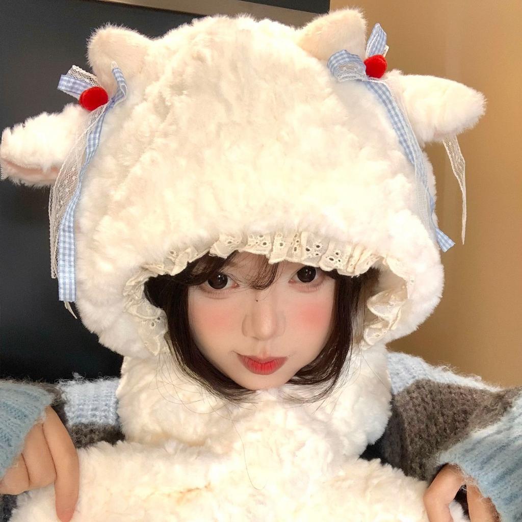 2025 sweet and cute little cashmere hat and scarf integrated women's winter velvet thickened warm and cold ear protection