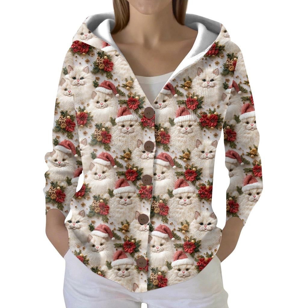 Women's Fashion Casual Sweater Button-Up Print Cardigan  Hooded Jacket