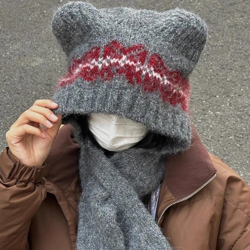 Fashion Cute Bear Scarf One-piece Hat for Women Winter Warm Knitted Scarf Hats Balaclava Ear Protection Cap Woolen Hat Beanies