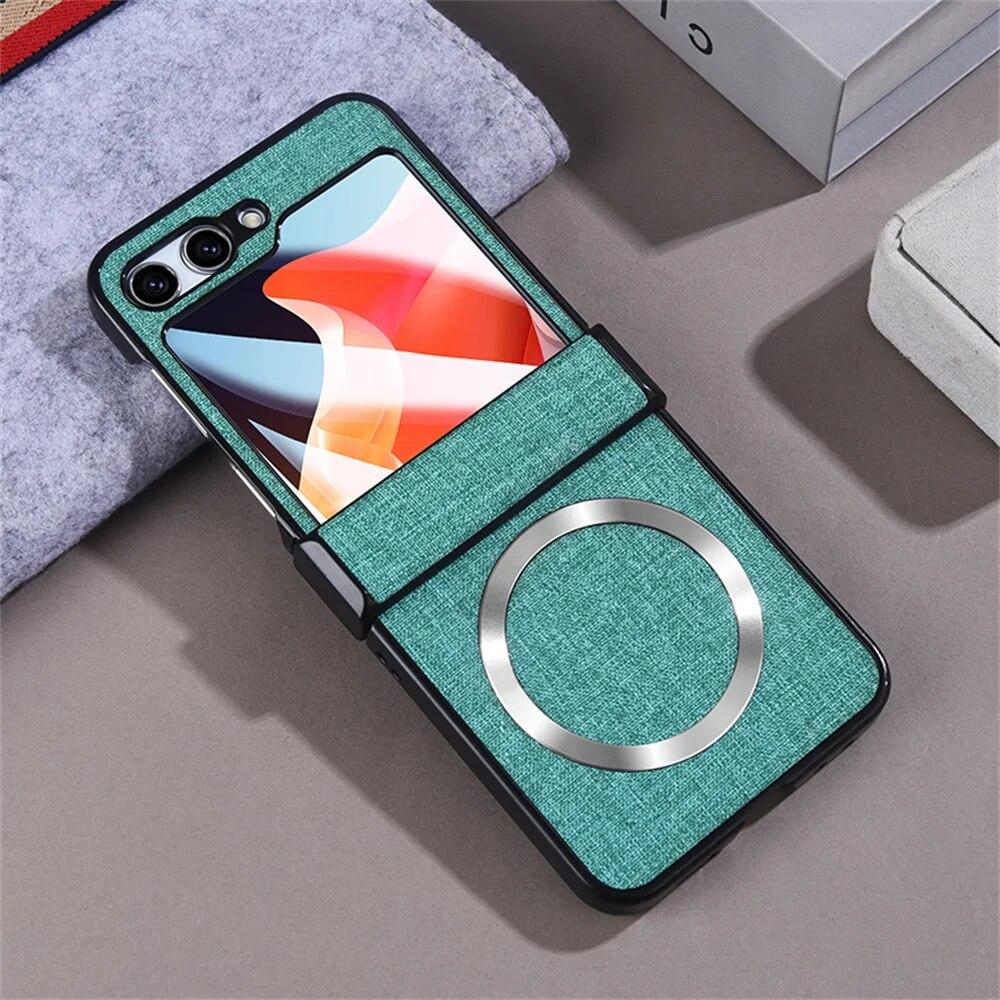 Leather Case for Galaxy Z Flip5 Magnetic Charging Phone Case for Samsung Z Flip 5 5g Luxury Cloth Slim Cover with Glass Film Protection Cover