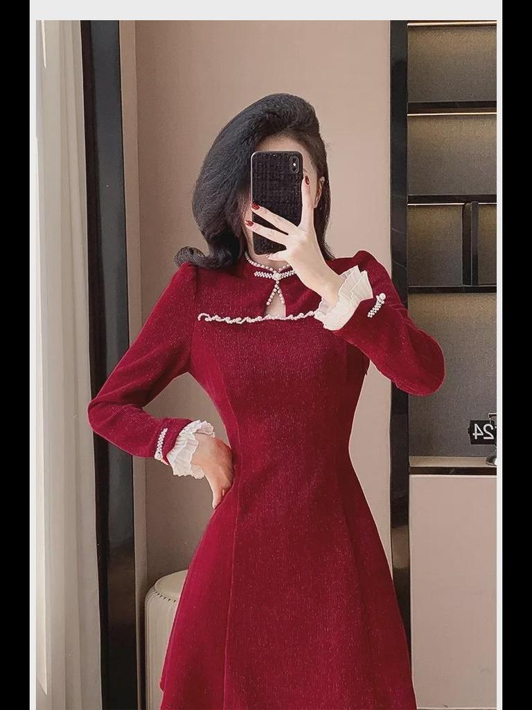 2025 Modern Chinese Style Cheongsam Dress with Corduroy and Pearl Buttons