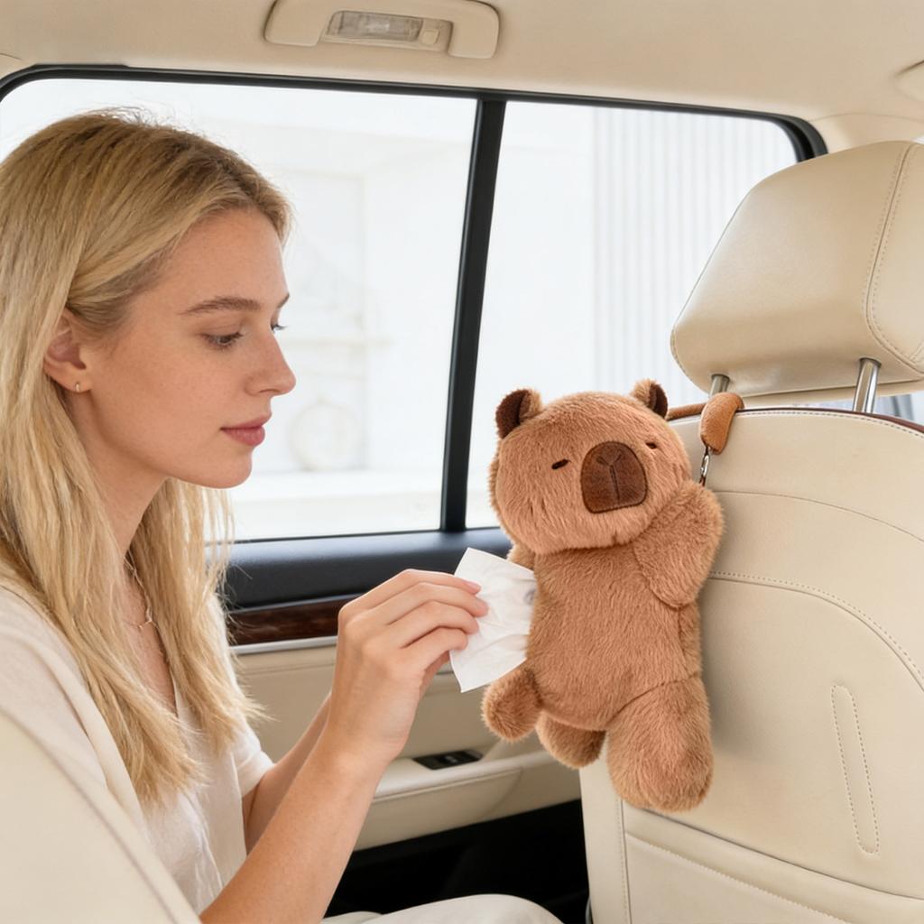 Plush Car Tissue Box, Cute Cartoon Hanging Tissue Holder, Soft Doll Design Paper Bag For Auto Seat Back & Interior Decoration