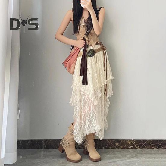 Retro sukně s elastickým vysokým pasem, krajkou a nepravidelným designem, midi sukně ve francouzském stylu, retro výšivka, krajka s květinovou výšivkou