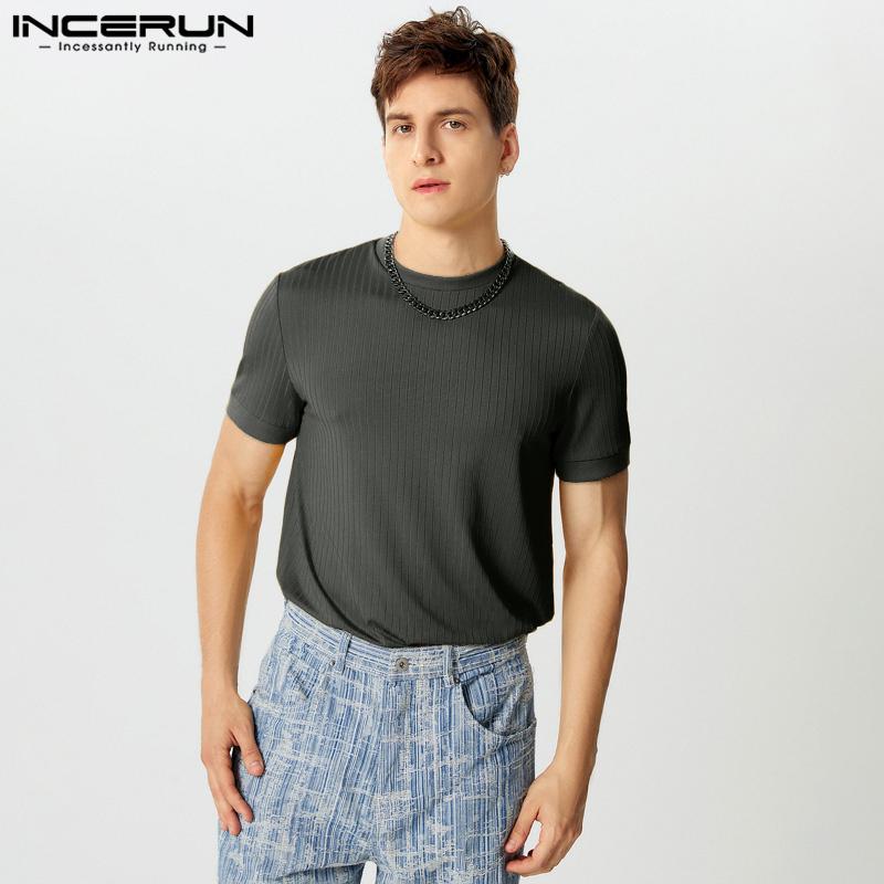 

INCERUN Летние мужские футболки с коротким рукавом, трикотажные топы в рубчик 3XL серый