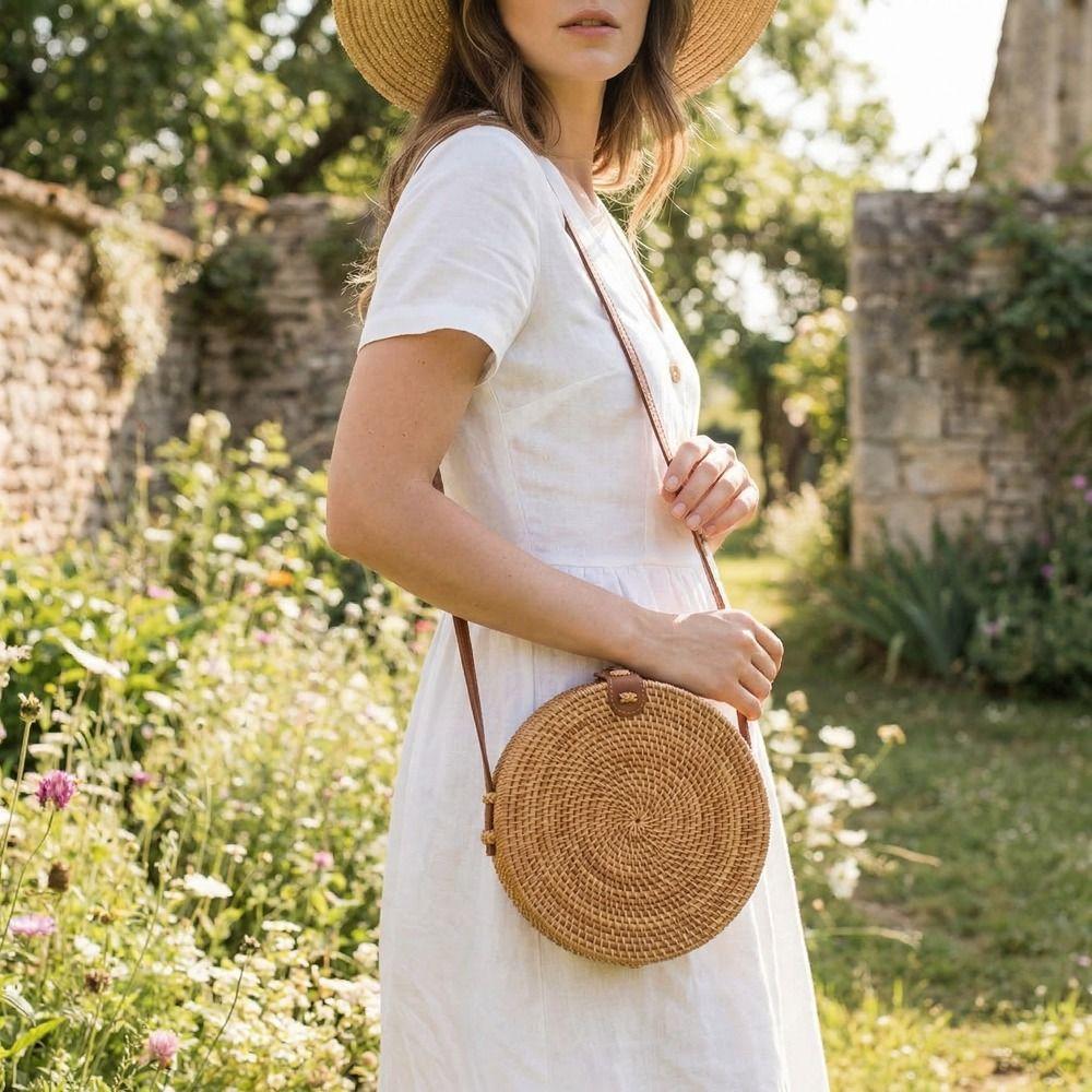 Ethnic Style Rattan Weave Bag Bohemian Round Crossbody Bag Retro Beach Bag  Picnic
