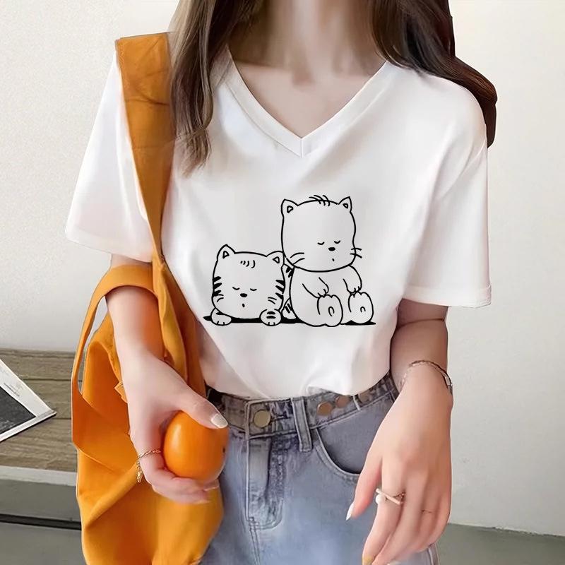 

Хлопковая милая футболка с коротким рукавом с котенком, женская летняя новинка, печатный свободный топ, базовая футболка S