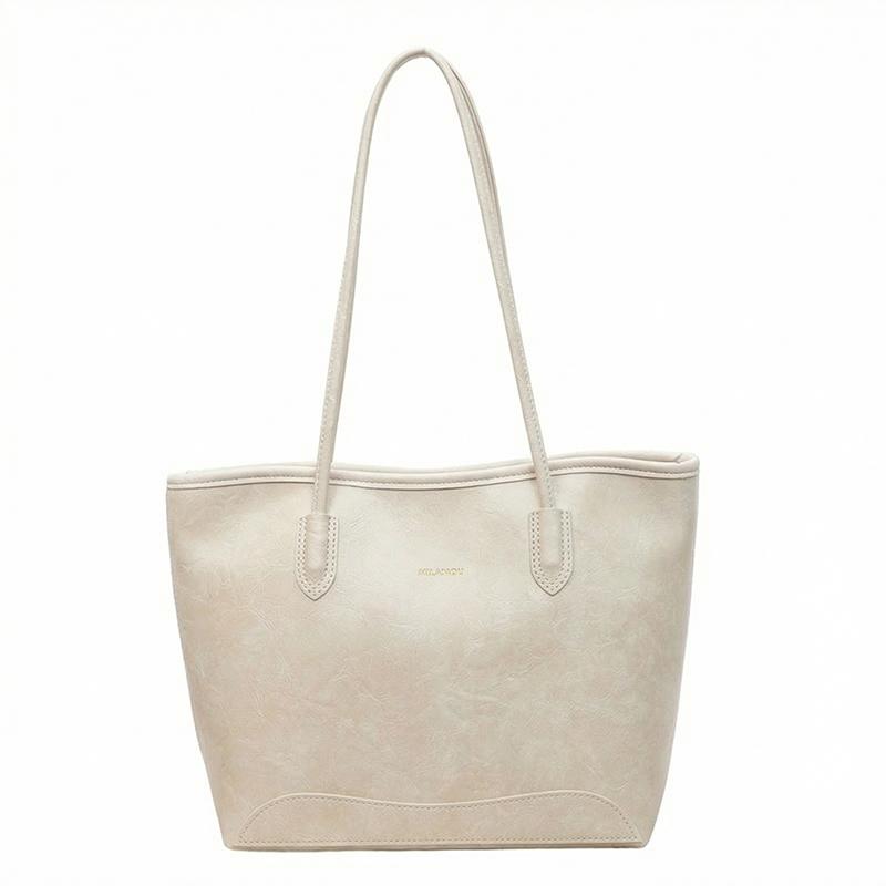 Faux Leather Tote Bag for Women Fashion Minimalist Shoulder Handbag with Wide Handles and Logo Detail