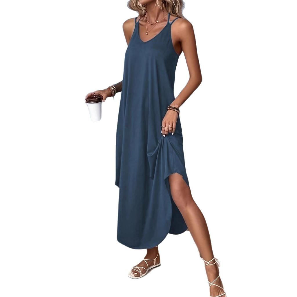 European & American Women's Solid Color Sleeveless Maxi Slip Dress