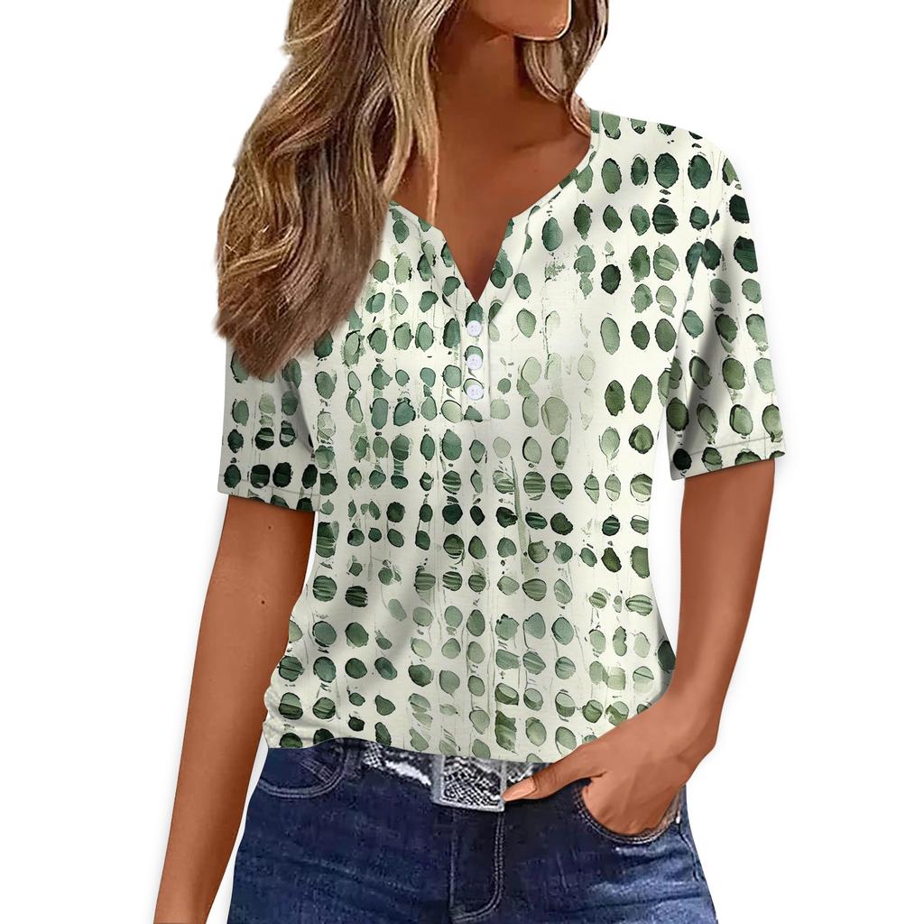 T-shirt décontracté pour femme à col en V, manches courtes, avec imprimé géométrique et boutons