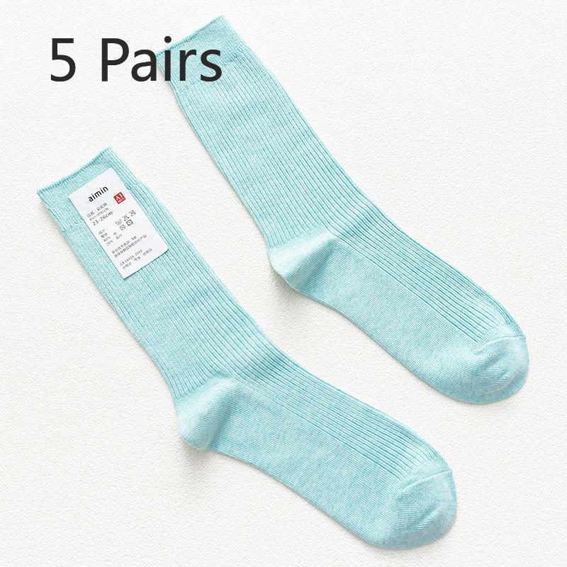 5 Pairs of Men's Retro Sweat-absorbing Vertical Striped Plain Color Cotton Mid Calf Socks