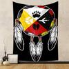 Quartered circle with animal tracks and feathers, in black, red, white, yellow. Patterned tapestry for bedroom and living room home decor