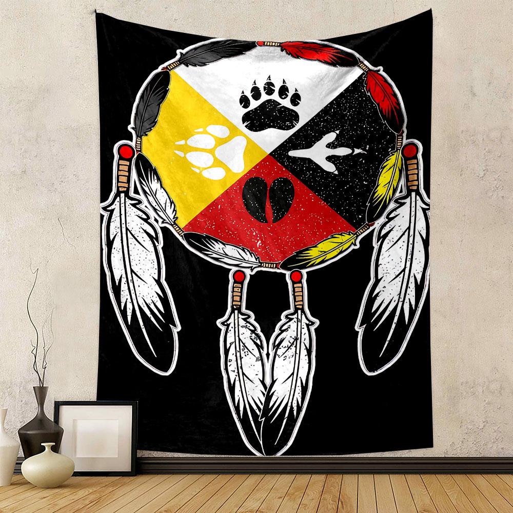 Quartered circle with animal tracks and feathers, in black, red, white, yellow. Patterned tapestry for bedroom and living room home decor