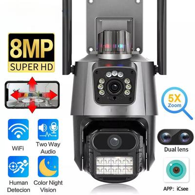 Three Lens Outdoor EU Plug WIFI PTZ Camera 8MP 4K HD 8X Hybrid Zoom Three Lens Dual Screen Wifi IP Camera Police Light Alarm CCTV Surveillance ICSee