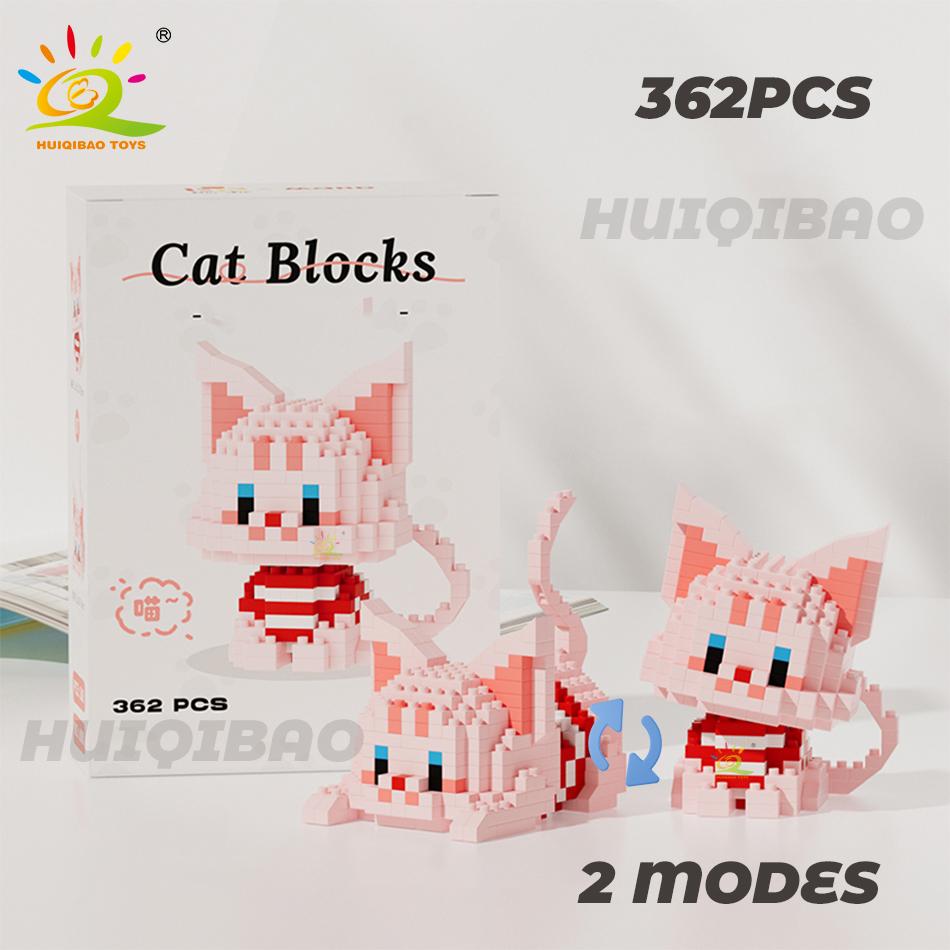 HUIQIBAO Cute Cat Micro Model Building Block Kids Mini Pets City Cartoon Animal Diamond Bricks Educational Toys Children Gift