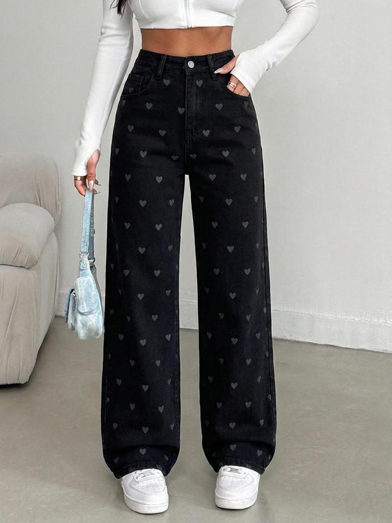 Women's White Heart Denim Pants - High Stretch, Slim Fit, Wide Leg